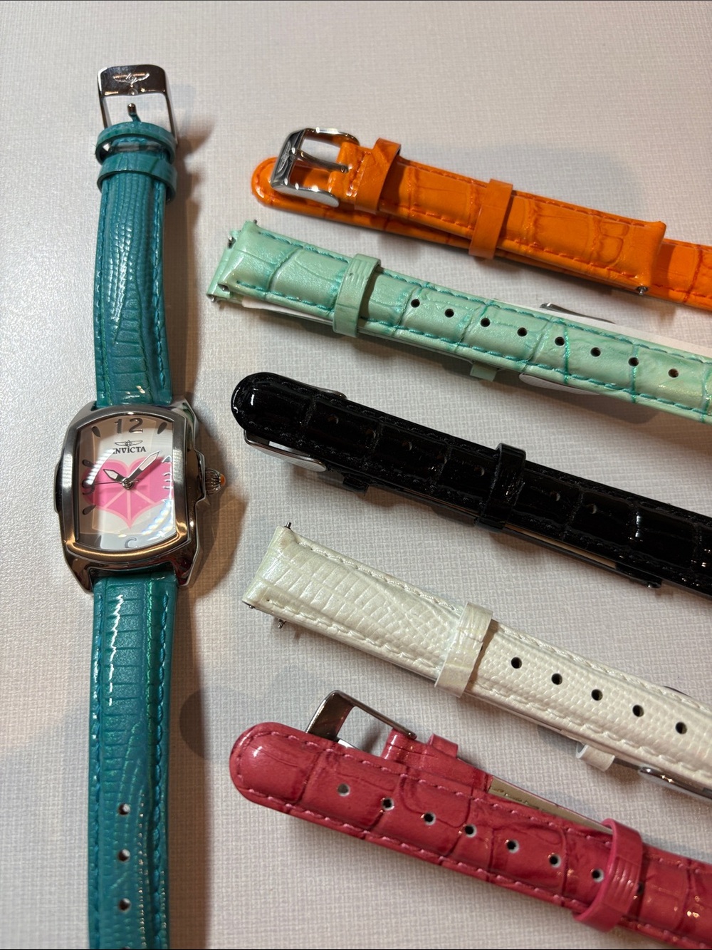Invicta Silver Watch with Teal Strap and Pink Heart Dial and 5 additional straps